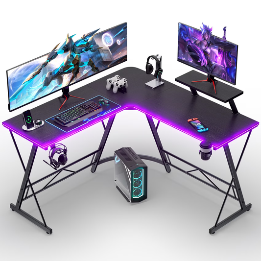 Mr IRONSTONE 51 inch L Shaped Gaming Desk with LED Lights, Corner Computer Desk for Home Office, Black Writing Workstation with Large Monitor Stand, Easy to Assemble