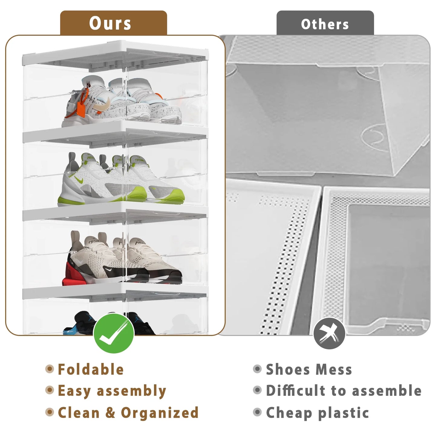JOZ 6-Tier Foldable Shoe Organizer Box – Stackable Clear Shoe Storage Bins for Men & Women, Fits Size 12, No Assembly Required (Universal All-in-One Storage), 2025 New Release