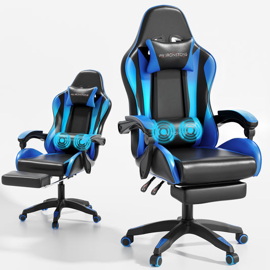 Mr IRONSTONE Ergonomic Gaming Chair with Massage Lumbar Support and Footrest, Heavy Duty 300LBS Computer Chair for Adults, Blue/Black