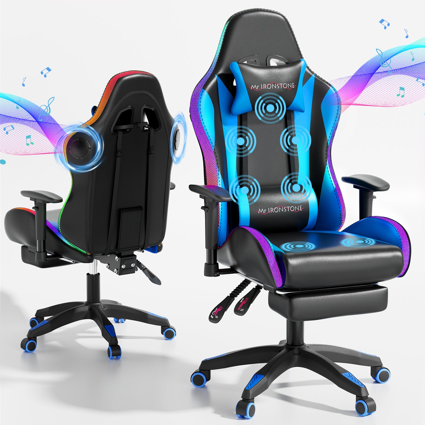 Mr IRONSTONE Gaming Chair for Adults, 7 Point Massage Computer Chair with Bluetooth Speakers RGB, Heavy Duty 300lbs Ergonomic PC Chair with 3D Armrests Footrest, Blue/Black