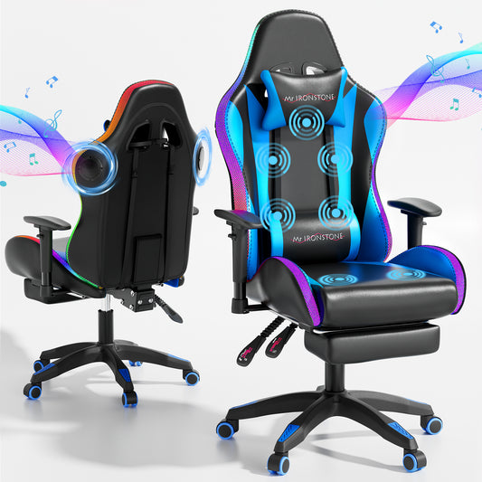 Mr IRONSTONE Gaming Chair for Adults, 7 Point Massage Computer Chair with Bluetooth Speakers RGB, Heavy Duty 300lbs Ergonomic PC Chair with 3D Armrests Footrest, Blue/Black