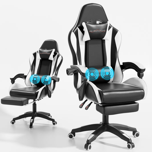 Mr IRONSTONE Ergonomic Gaming Chair with Massage Lumbar Support and Footrest, Heavy Duty 300LBS Computer Chair for Adults, Black/White