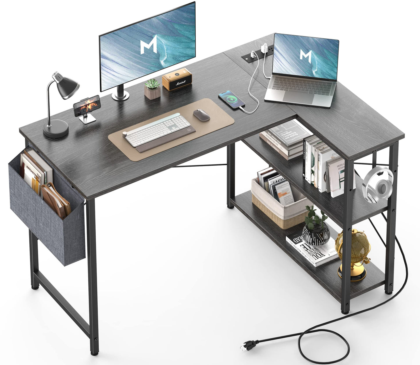 Mr IRONSTONE L Shaped Desk with Outlets & USB Ports, Reversible 47 Inch Office Desk, Corner Desk for Small Space, Home Office Desk with Storage Bag & Hook, Black Oak