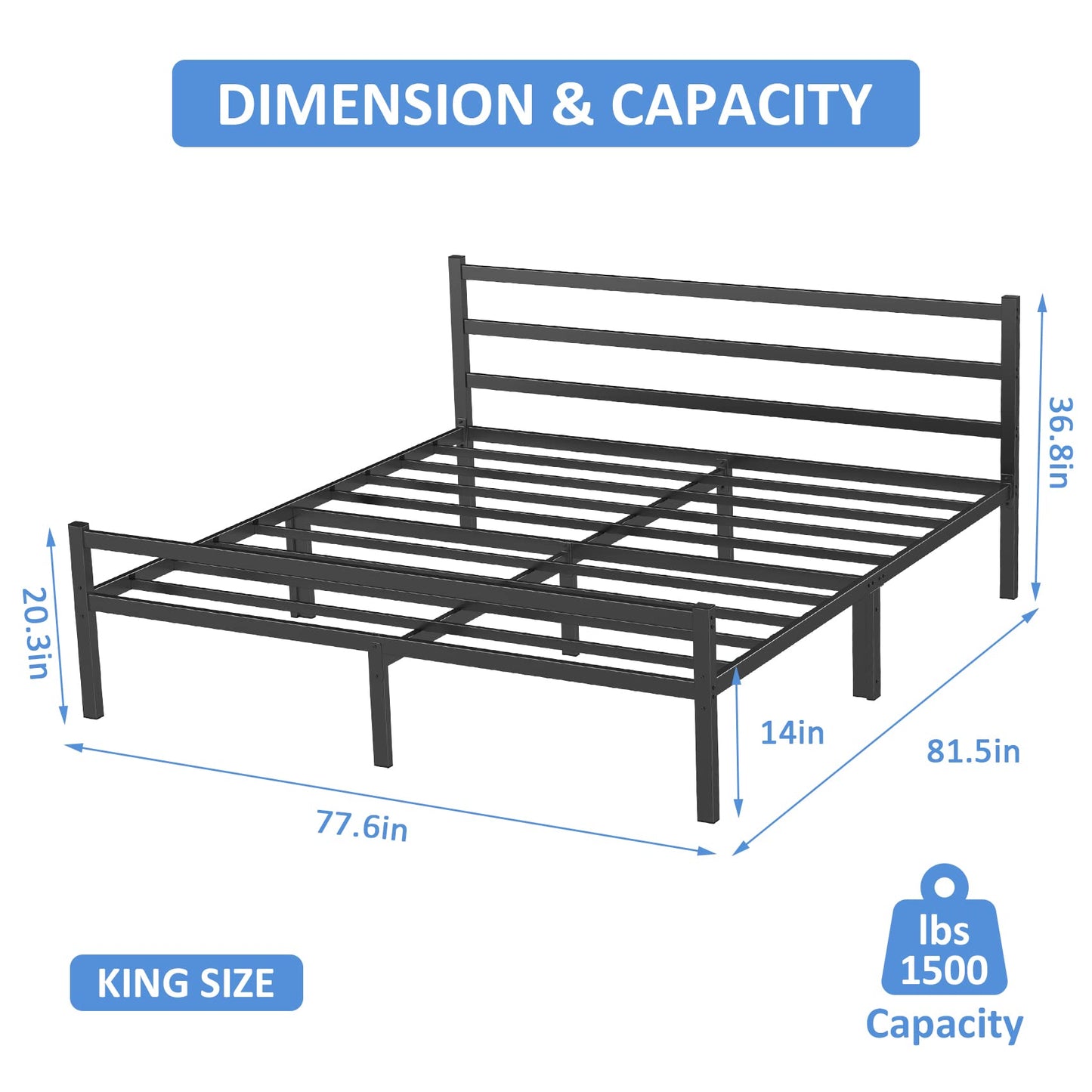 Mr IRONSTONE King Size Bed Frame with Headboard and Footboard Complete Metal Bed, No Box Spring Needed, Black