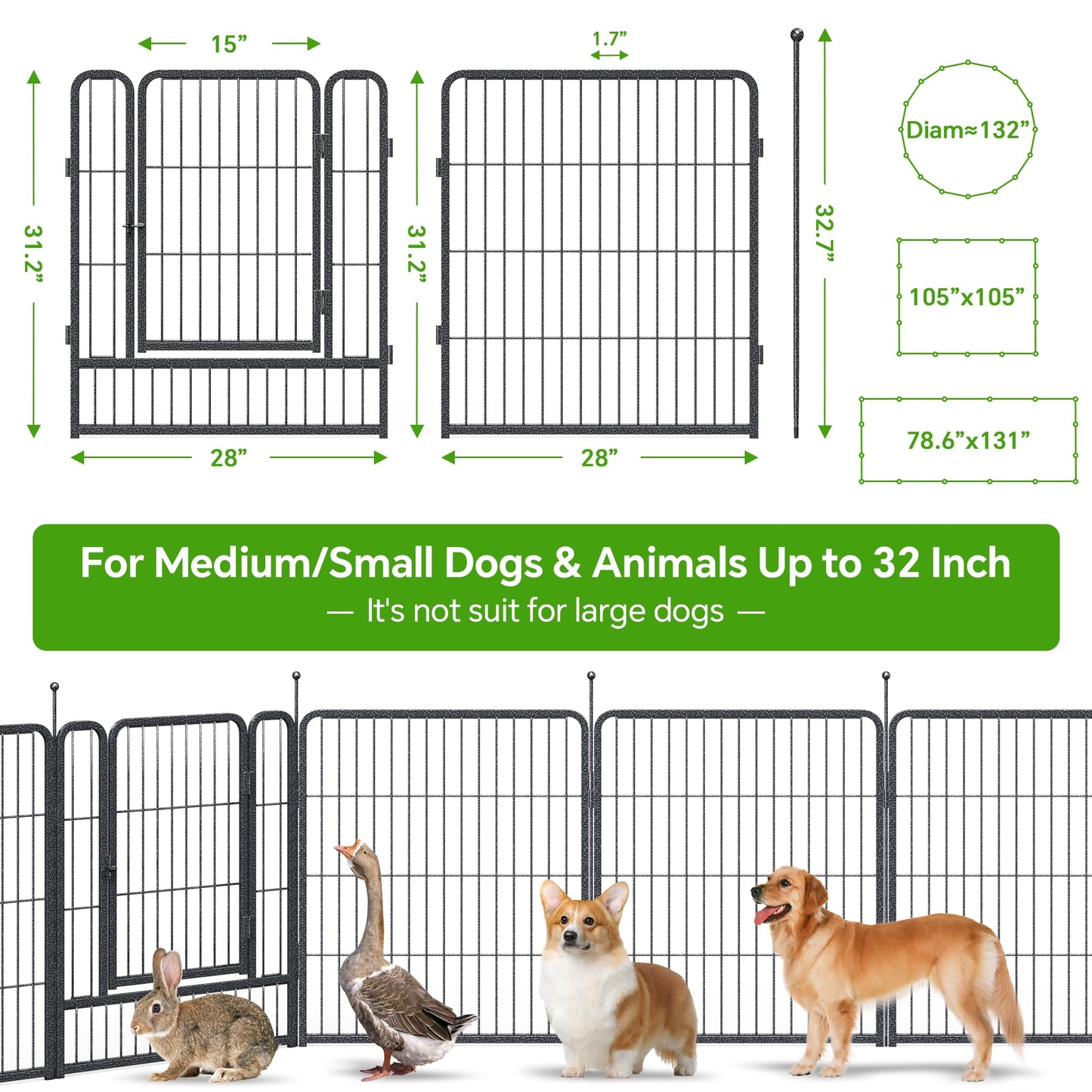 Mr IRONSTONE Dog Playpen with Anti-Rust Coating – 32" Height 16 Panels Portable & Foldable Indoor/Outdoor Pet Fence for Large, Medium, or Small Dogs – Durable Exercise Pen