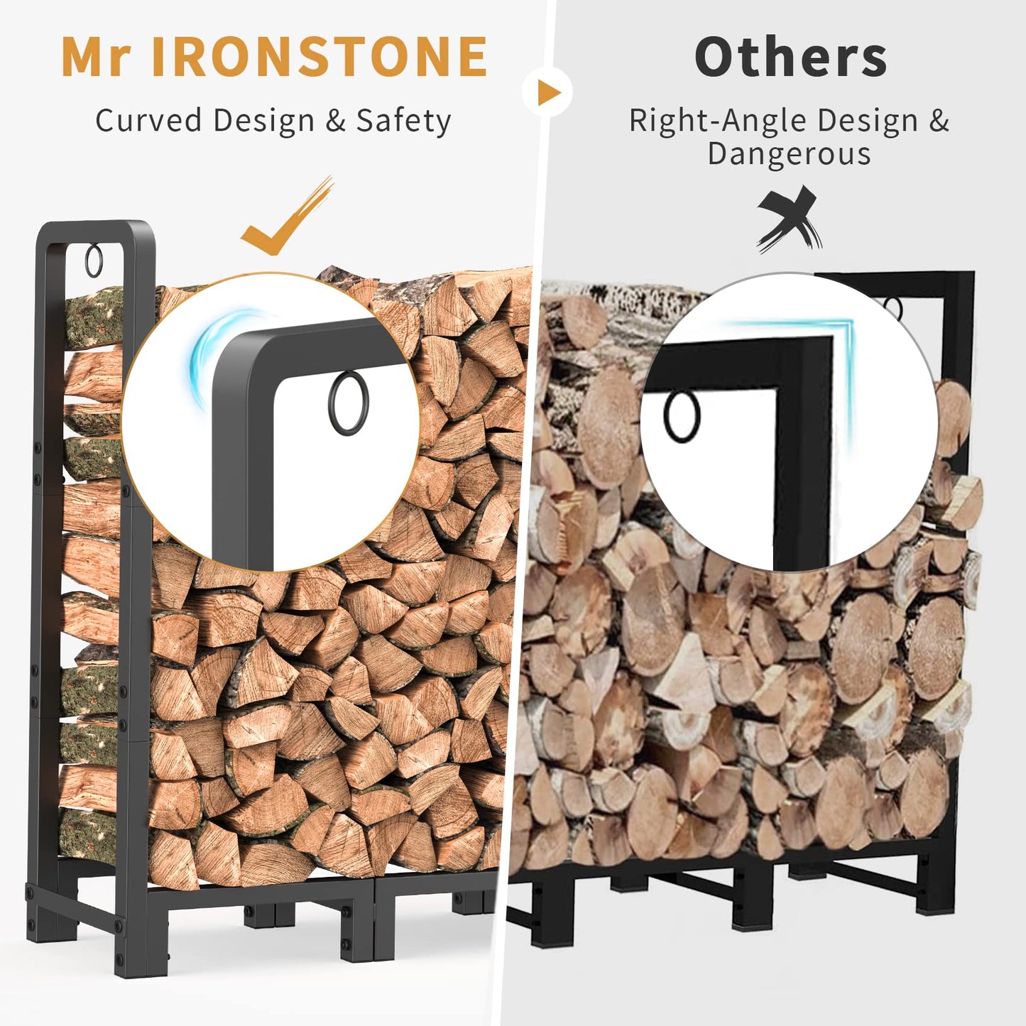 Mr IRONSTONE 4ft Firewood Rack Outdoor Indoor for Wood Storage, Upgraded Adjustable Firewood Rack, Heavy Duty Logs Stand Stacker Holder for Fireplace, Firewood Log Rack Stand Stacker for Porch Patio