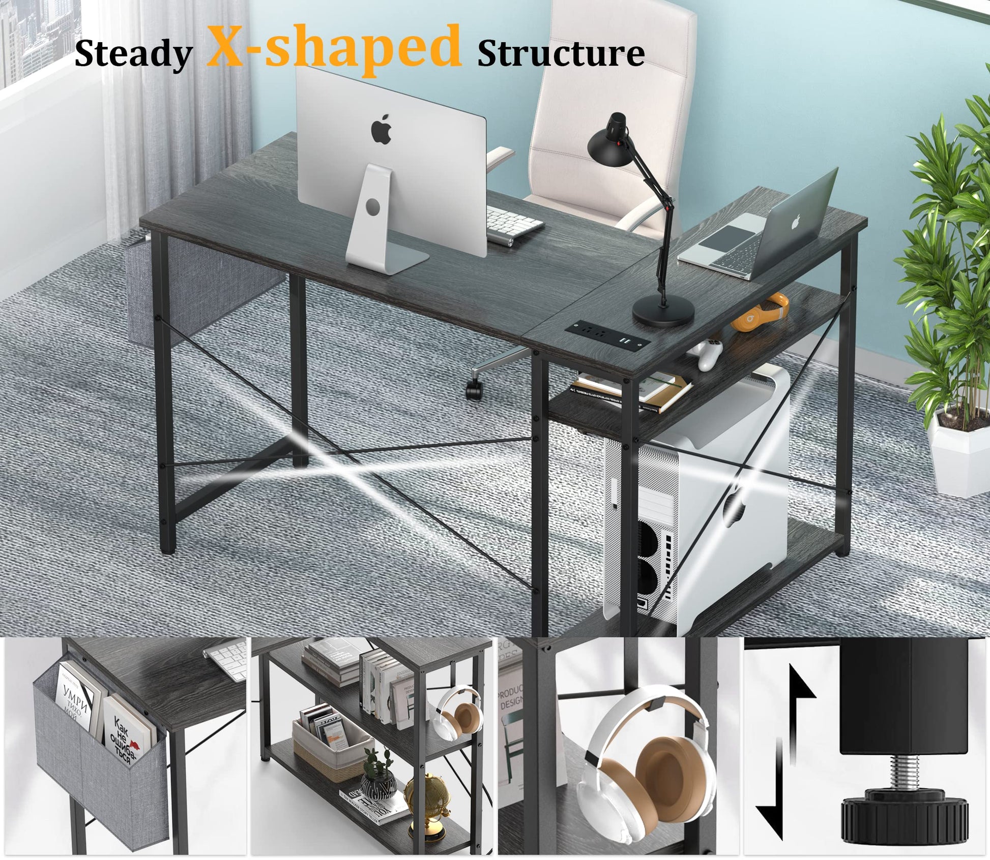 Mr IRONSTONE L Shaped Desk with Power Outlet 50 Computer Desk with Large  Monitor Stand, Corner Desk Home Office Workstation Desks, Modern Simple  Style Writing Table Desk 