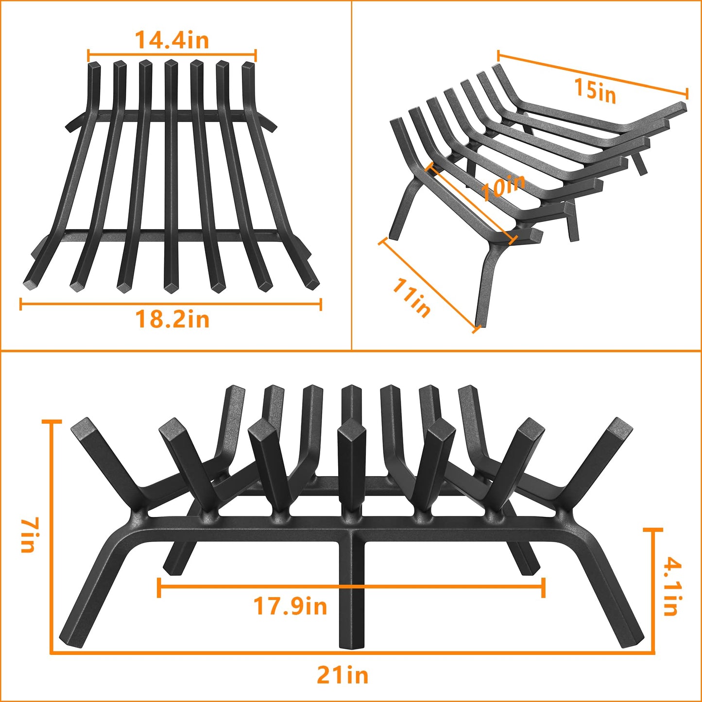Mr IRONSTONE Fireplace Grate 21 inch Solid Steel Heavy Duty Firewood Log Burning Rack 3/4" Bar Fire Grates for Outdoor Kindling Tools Pit Indoor Fireplace Log Holder Wrought Iron Wood Stove