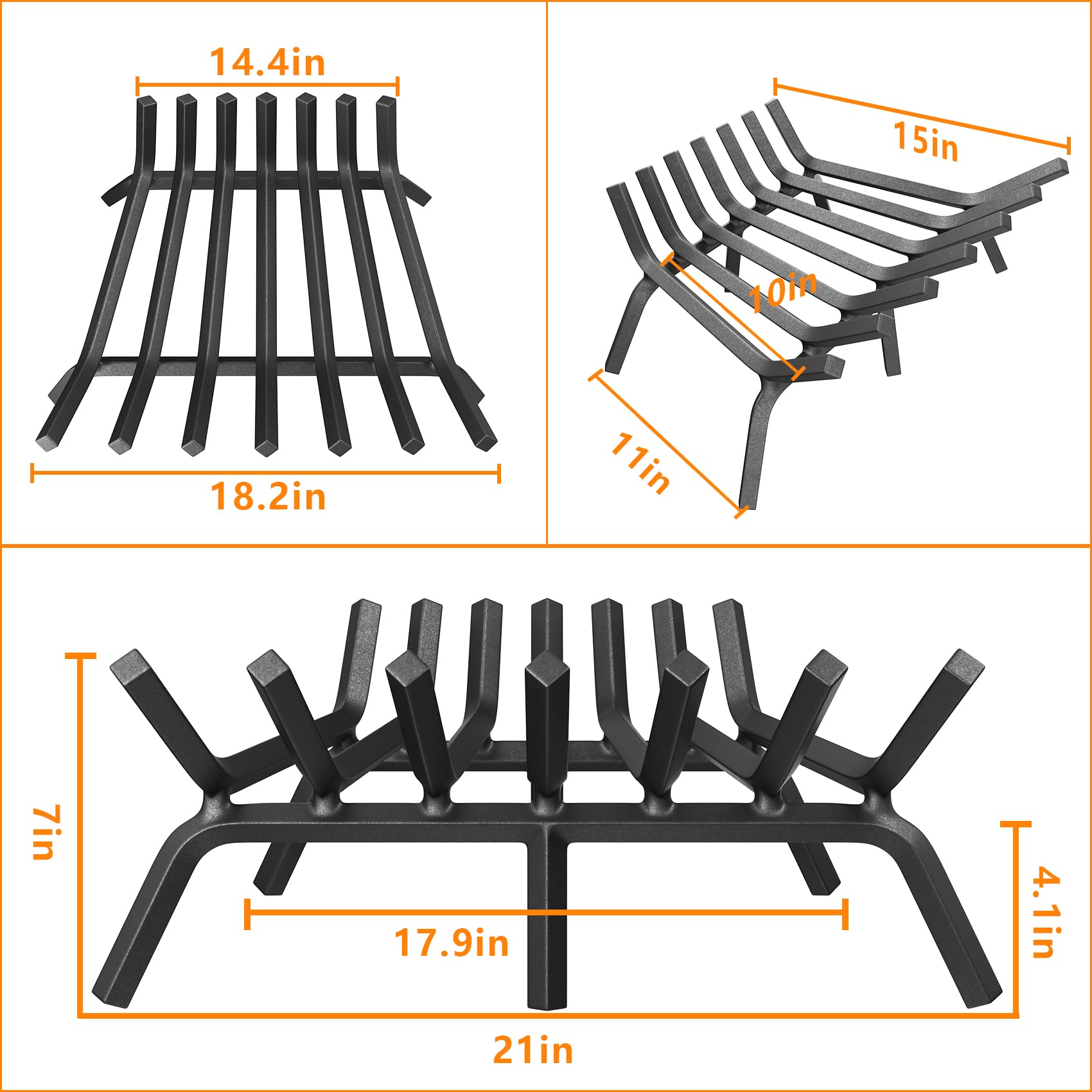 Mr IRONSTONE Fireplace Grate 21 inch Solid Steel Heavy Duty Fireplace Log  Grates 3/4 Bar Grates Outdoor/Indoor Wrought Iron Burning Rack Holder
