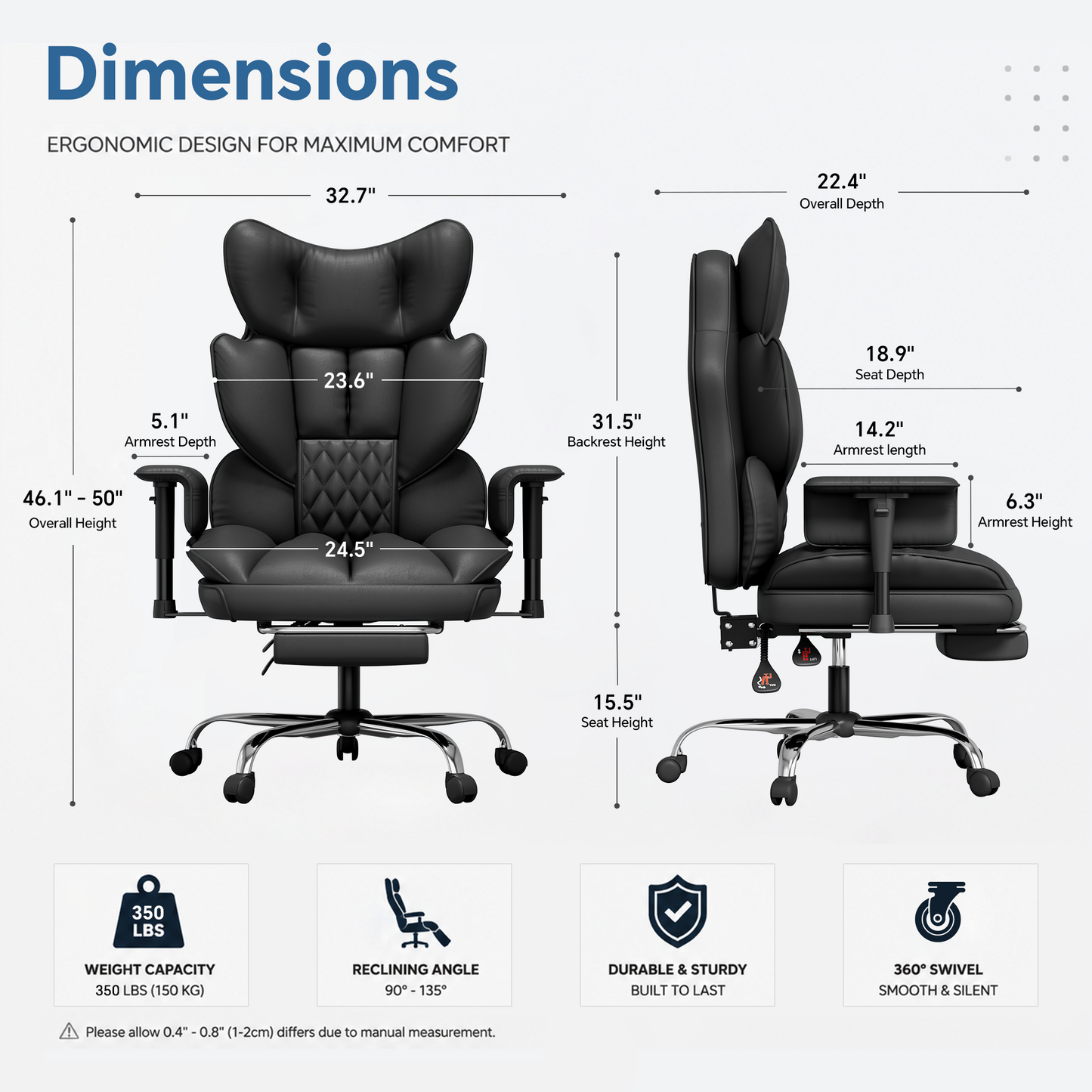 Mr IRONSTONE Executive Office Chair, High Back PU Leather Computer Desk Chair with Footrest and 3D Armrests, 350 LBS Capacity, Black