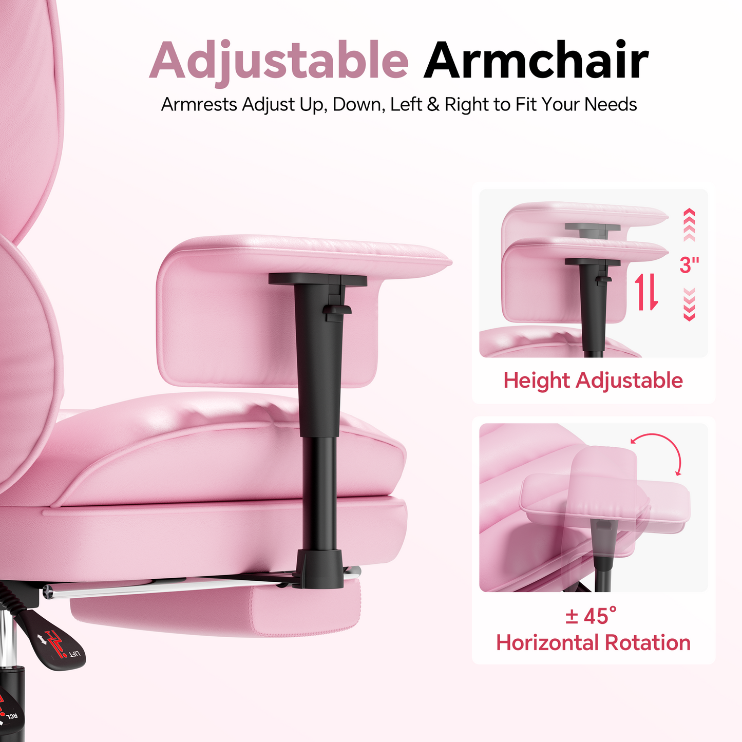 Mr IRONSTONE High Back Computer Desk Chair, Cute PU Leather Gaming Chair with Adjustable Armrests and Retractable Footrest, Pink