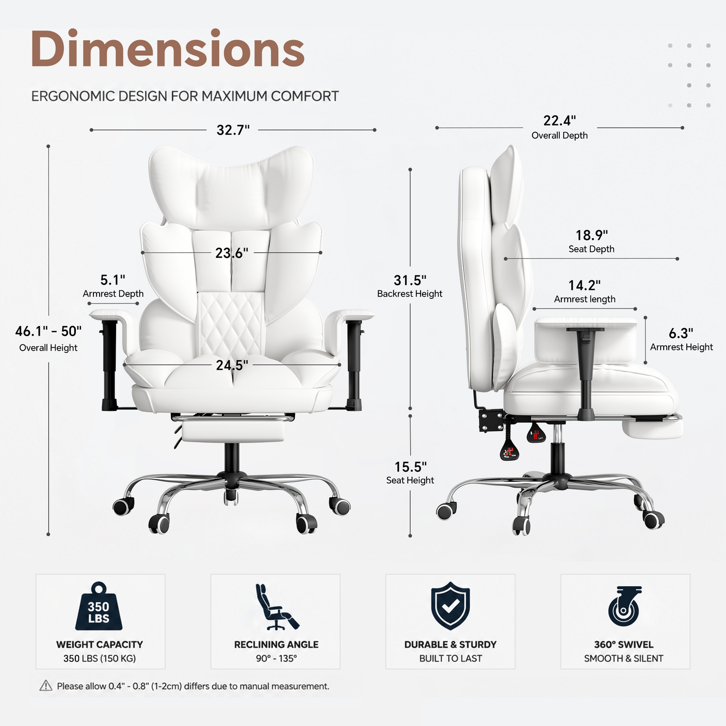 Mr IRONSTONE Ergonomic Home Office Chair, Ultra Soft PU Leather Desk Chair with Deep Wide Seat for Cross Legged Sitting, White