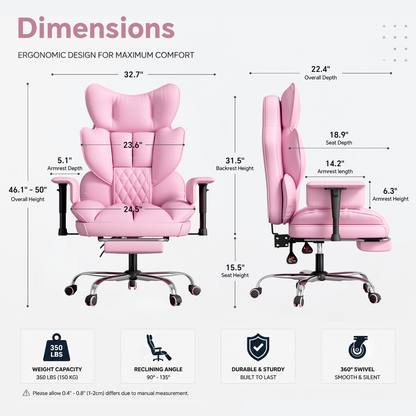 Mr IRONSTONE High Back Computer Desk Chair, Cute PU Leather Gaming Chair with Adjustable Armrests and Retractable Footrest, Pink
