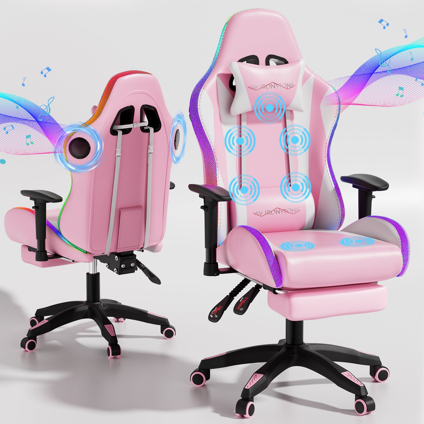 Mr IRONSTONE Gaming Chair for Adults, 7 Point Massage Computer Chair with Bluetooth Speakers RGB, Heavy Duty 300lbs Ergonomic PC Chair with 3D Armrests Footrest, Pink/White