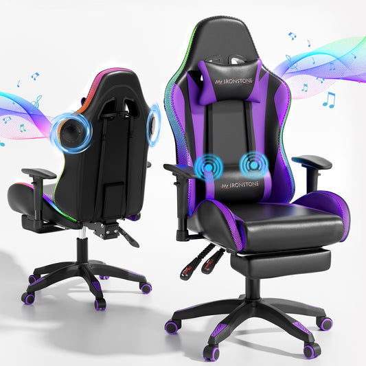 Mr IRONSTONE Gaming Chair with Bluetooth Speakers and RGB LED Lights, Ergonomic Massage Computer Chair with 3D Armrests and Footrest, Purple/Black