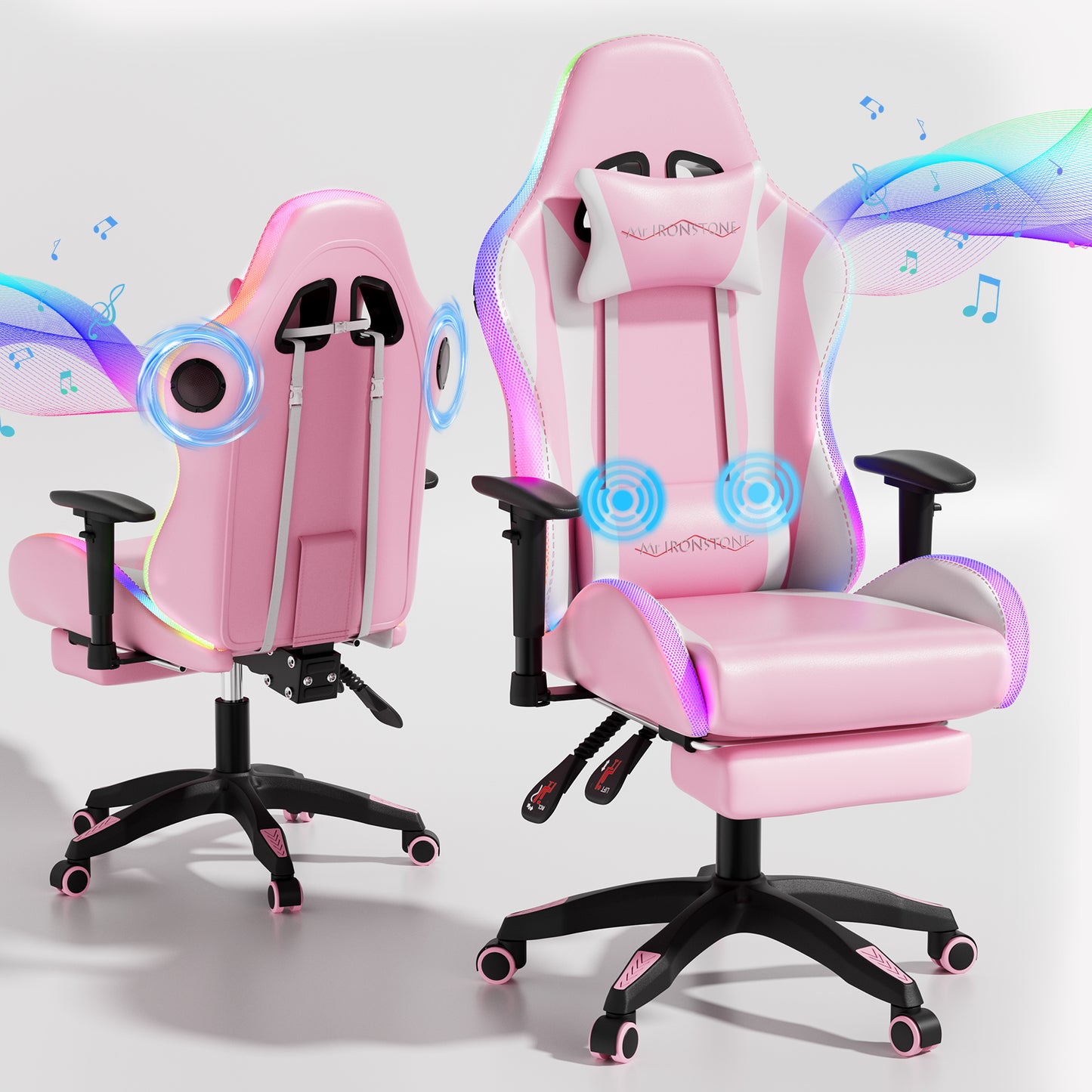 Mr IRONSTONE Gaming Chair with Bluetooth Speakers and RGB LED Lights, Ergonomic Massage Computer Chair with 3D Armrests and Footrest, Pink/White